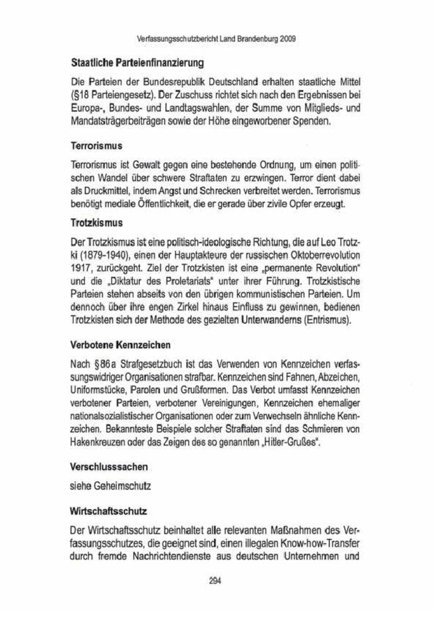 Seite 296 des Verfassungsschutzbericht 2009 Brandenburg