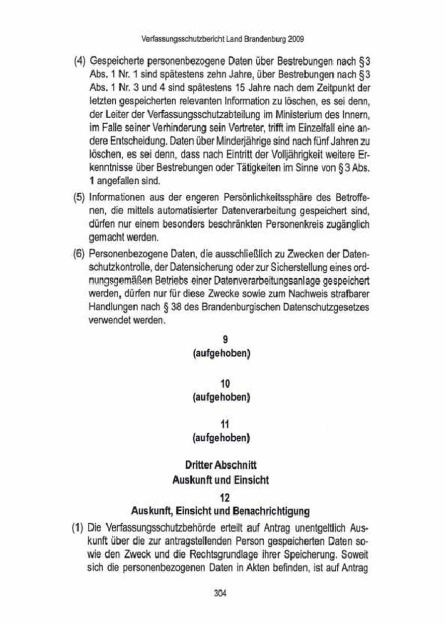 Seite 306 des Verfassungsschutzbericht 2009 Brandenburg