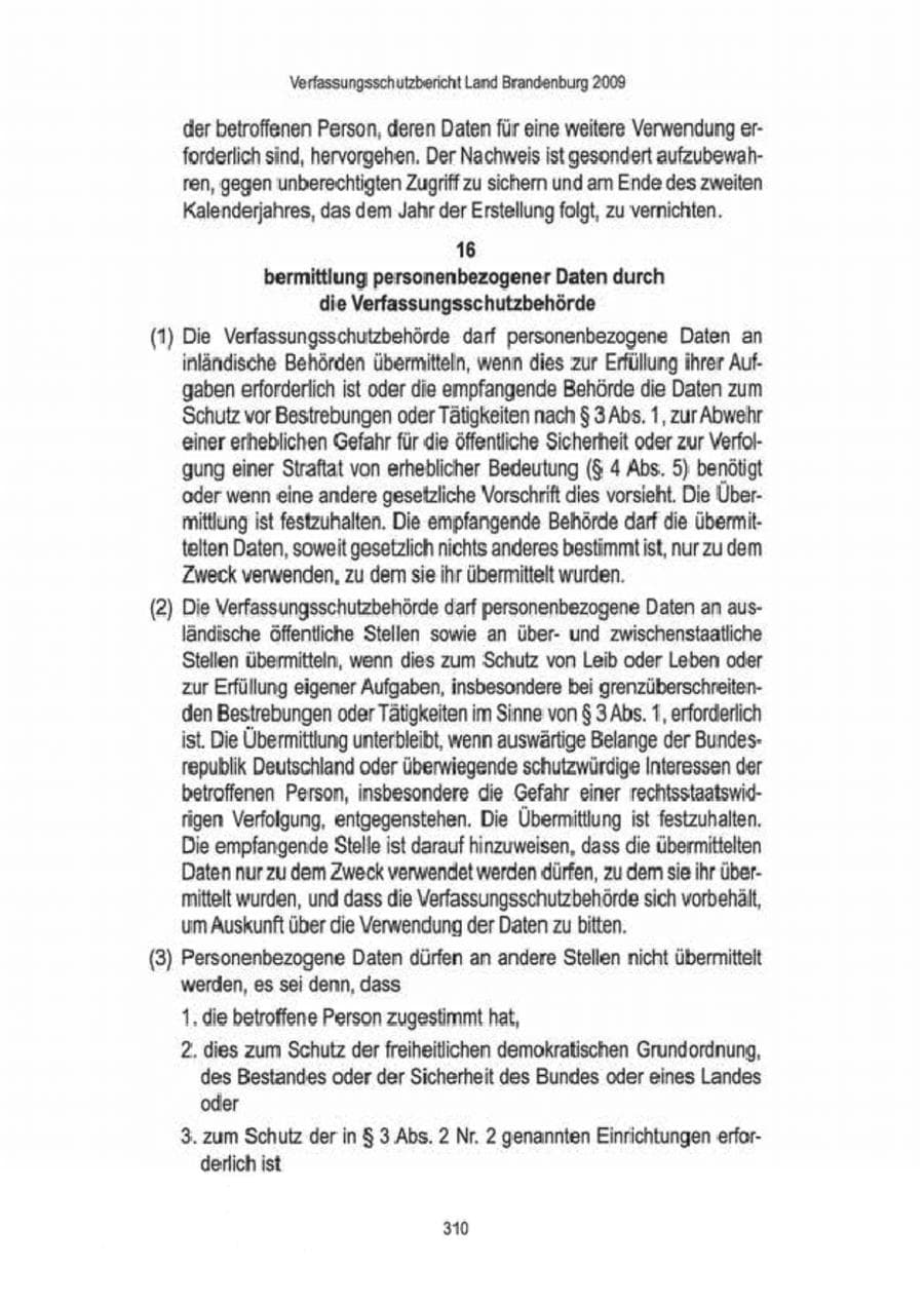 Seite 312 des Verfassungsschutzbericht 2009 Brandenburg