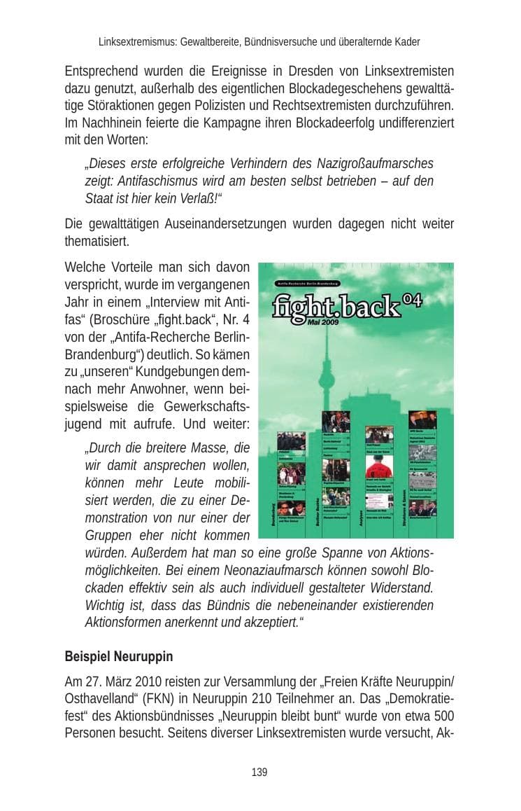 Seite 139 des Verfassungsschutzbericht 2010 Brandenburg