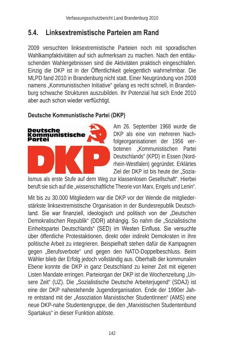 Seite 142 des Verfassungsschutzbericht 2010 Brandenburg