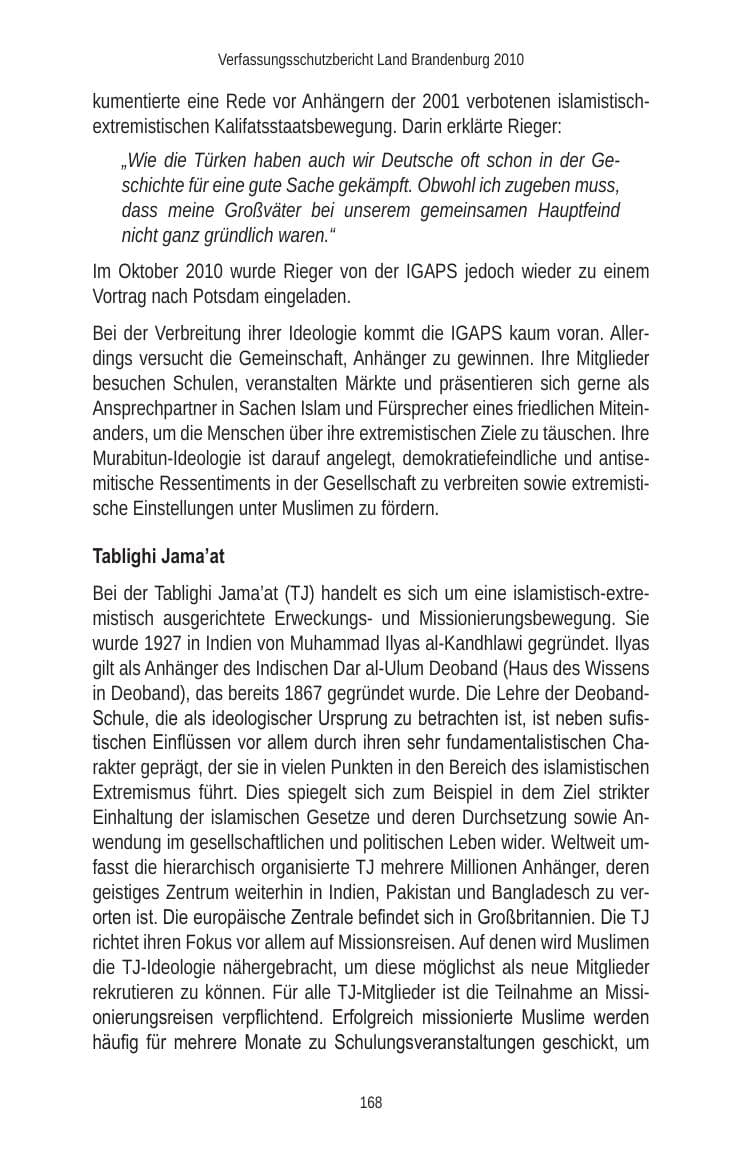 Seite 168 des Verfassungsschutzbericht 2010 Brandenburg