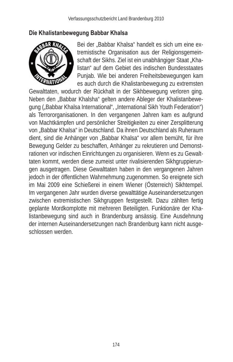 Seite 174 des Verfassungsschutzbericht 2010 Brandenburg