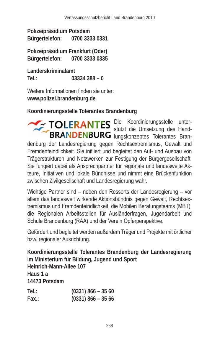 Seite 238 des Verfassungsschutzbericht 2010 Brandenburg