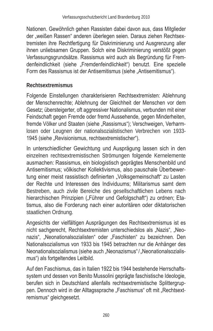 Seite 260 des Verfassungsschutzbericht 2010 Brandenburg