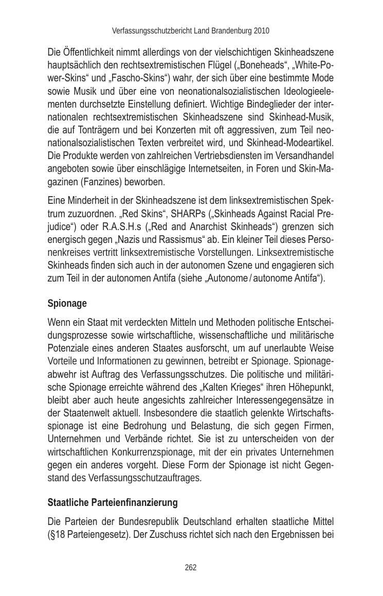 Seite 262 des Verfassungsschutzbericht 2010 Brandenburg