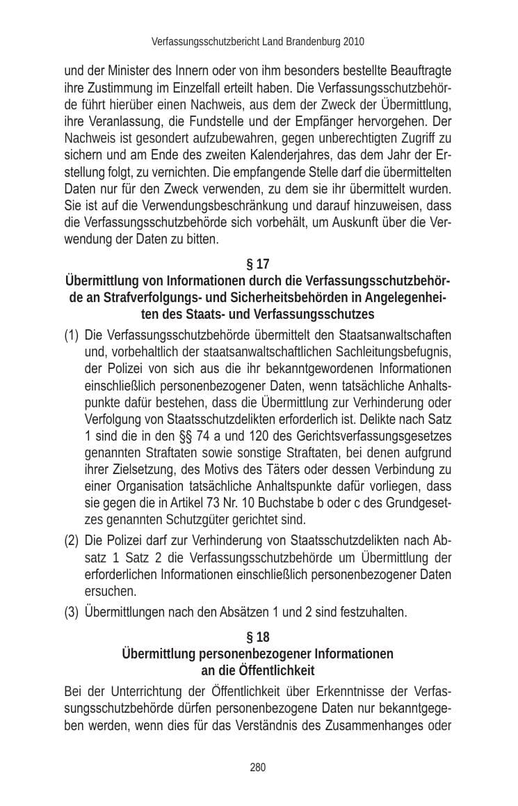 Seite 280 des Verfassungsschutzbericht 2010 Brandenburg