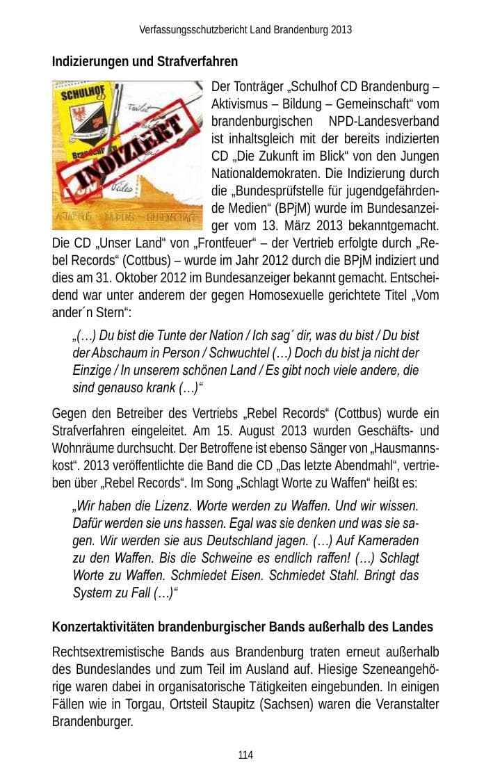 Seite 116 des Verfassungsschutzbericht 2013 Brandenburg