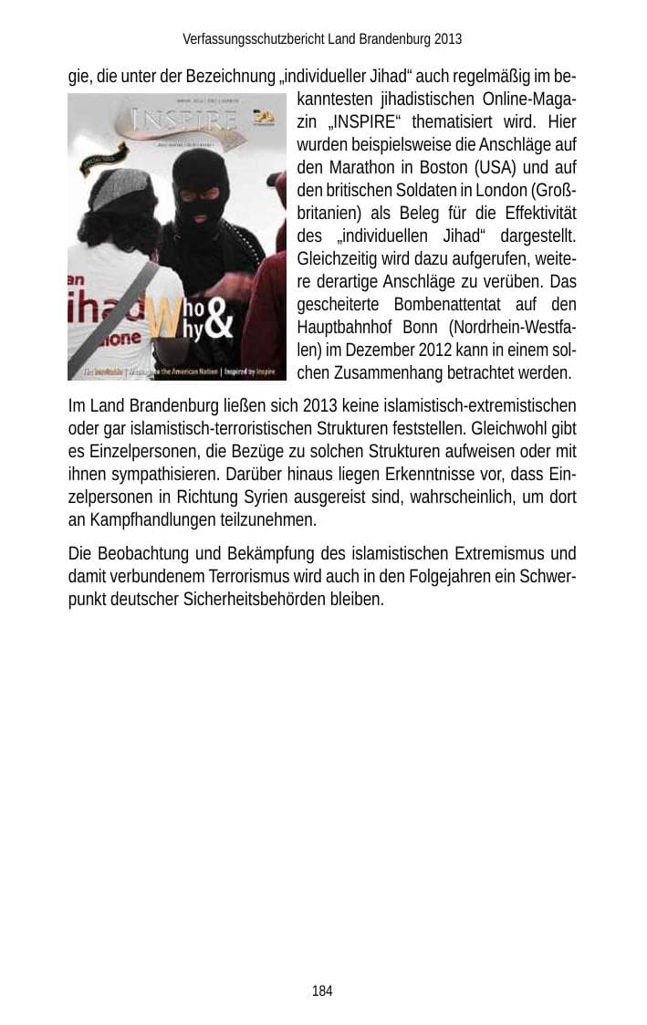 Seite 186 des Verfassungsschutzbericht 2013 Brandenburg
