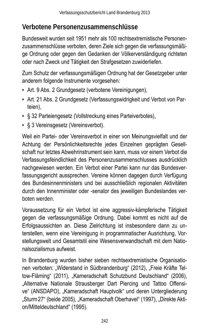 Seite 244 des Verfassungsschutzbericht 2013 Brandenburg