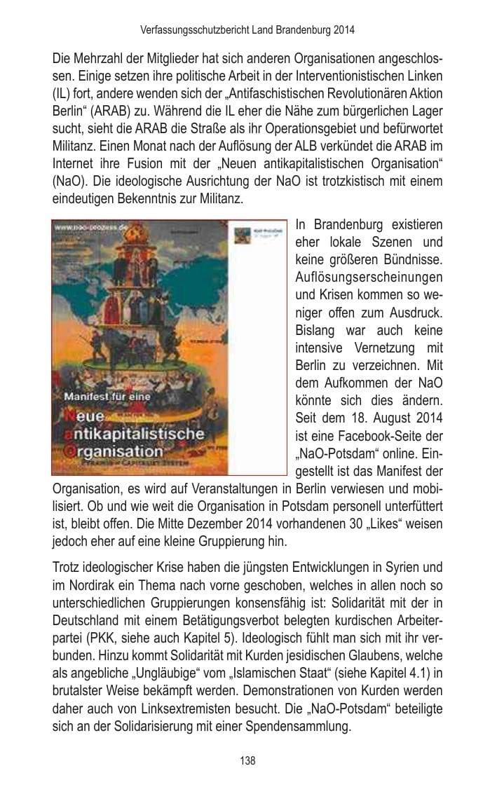 Seite 140 des Verfassungsschutzbericht 2014 Brandenburg