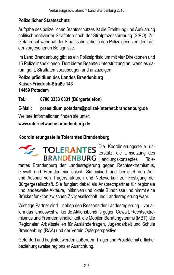 Seite 218 des Verfassungsschutzbericht 2015 Brandenburg