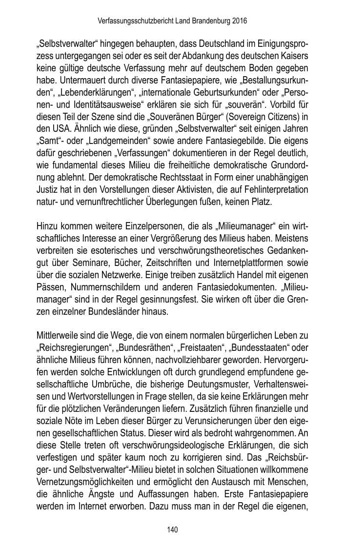 Seite 142 des Verfassungsschutzbericht 2016 Brandenburg