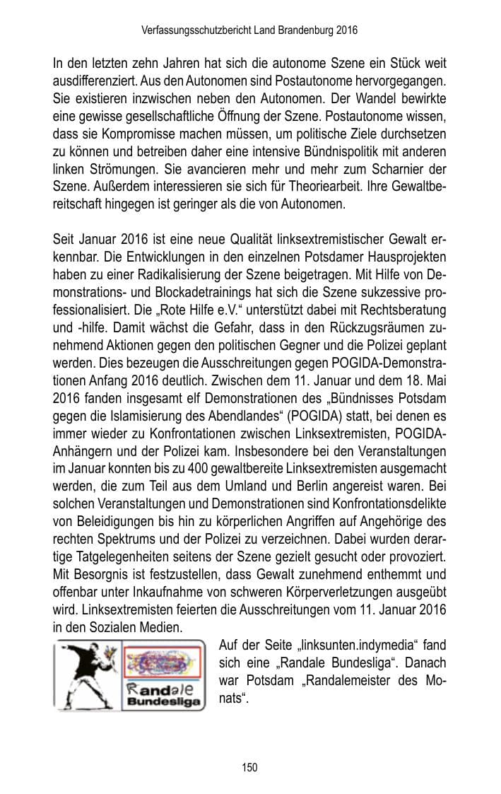 Seite 152 des Verfassungsschutzbericht 2016 Brandenburg