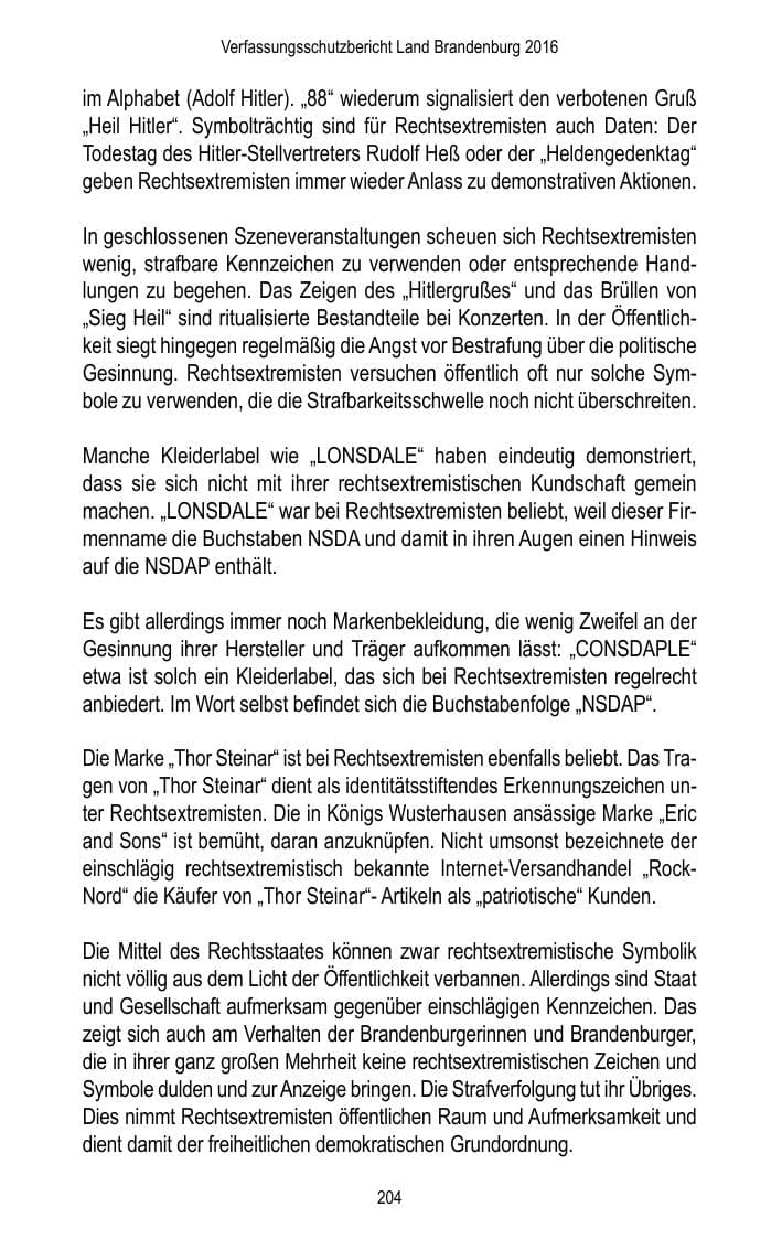 Seite 206 des Verfassungsschutzbericht 2016 Brandenburg