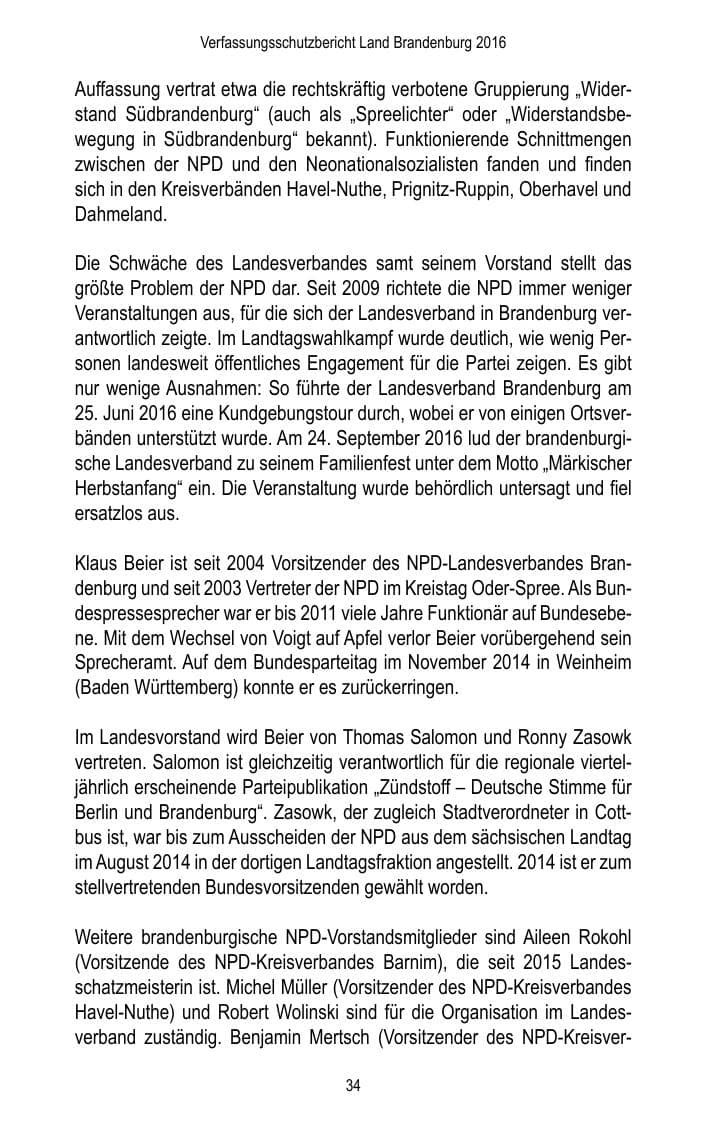 Seite 36 des Verfassungsschutzbericht 2016 Brandenburg