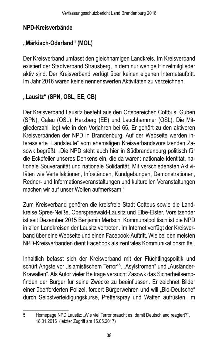 Seite 40 des Verfassungsschutzbericht 2016 Brandenburg