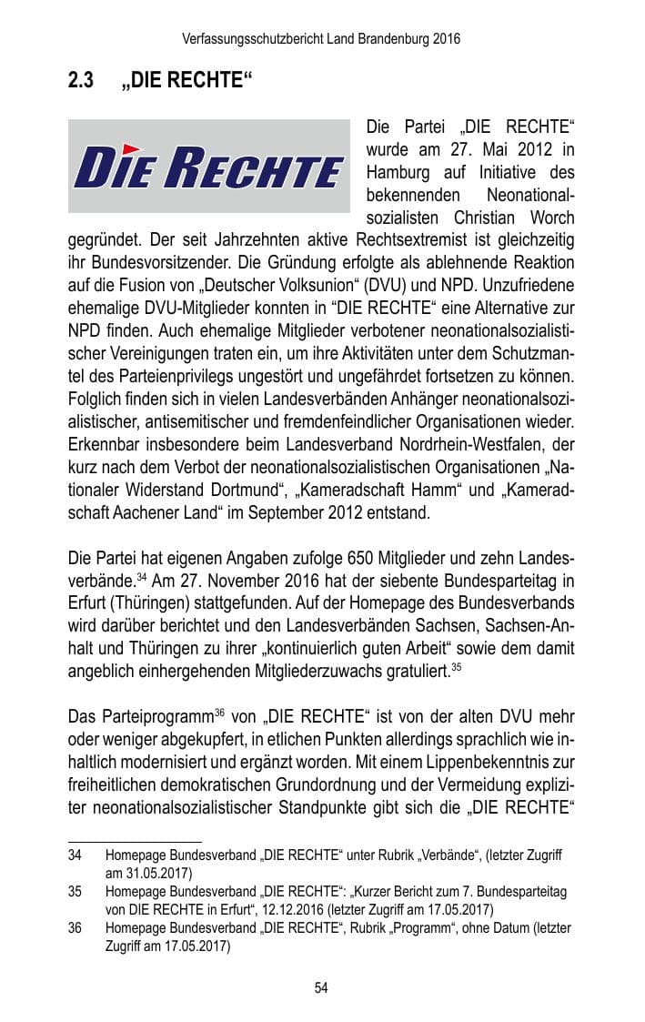 Seite 56 des Verfassungsschutzbericht 2016 Brandenburg