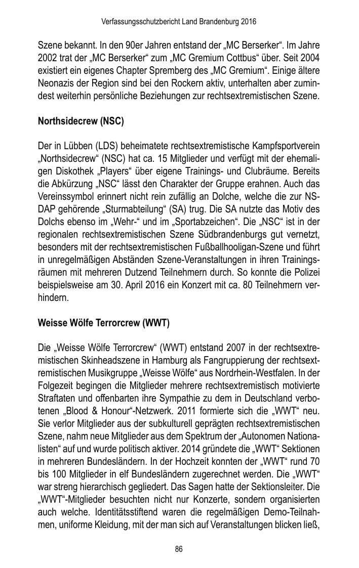 Seite 88 des Verfassungsschutzbericht 2016 Brandenburg