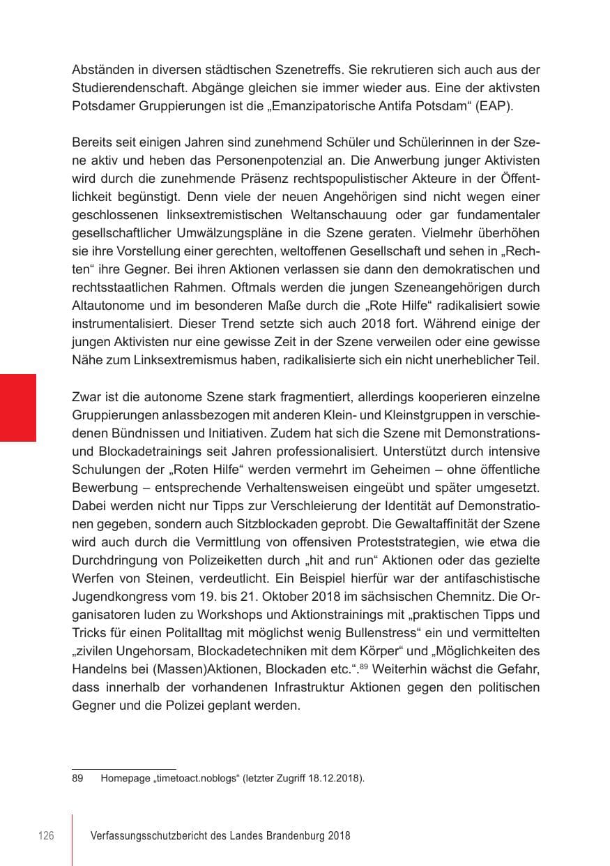Seite 126 des Verfassungsschutzbericht 2018 Brandenburg
