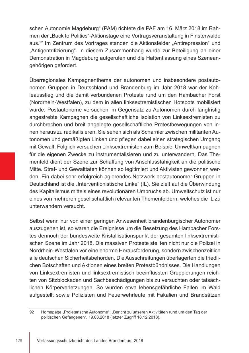 Seite 128 des Verfassungsschutzbericht 2018 Brandenburg