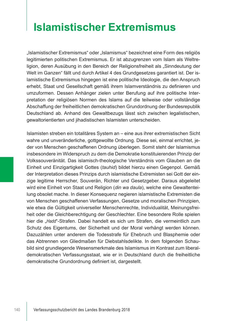 Seite 140 des Verfassungsschutzbericht 2018 Brandenburg