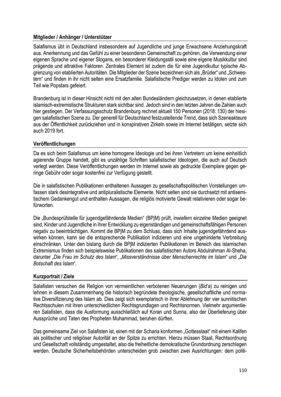 Seite 110 des Verfassungsschutzbericht 2019 Brandenburg