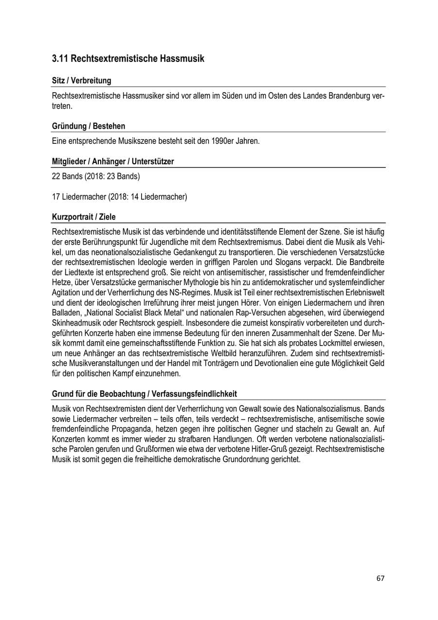 Seite 67 des Verfassungsschutzbericht 2019 Brandenburg