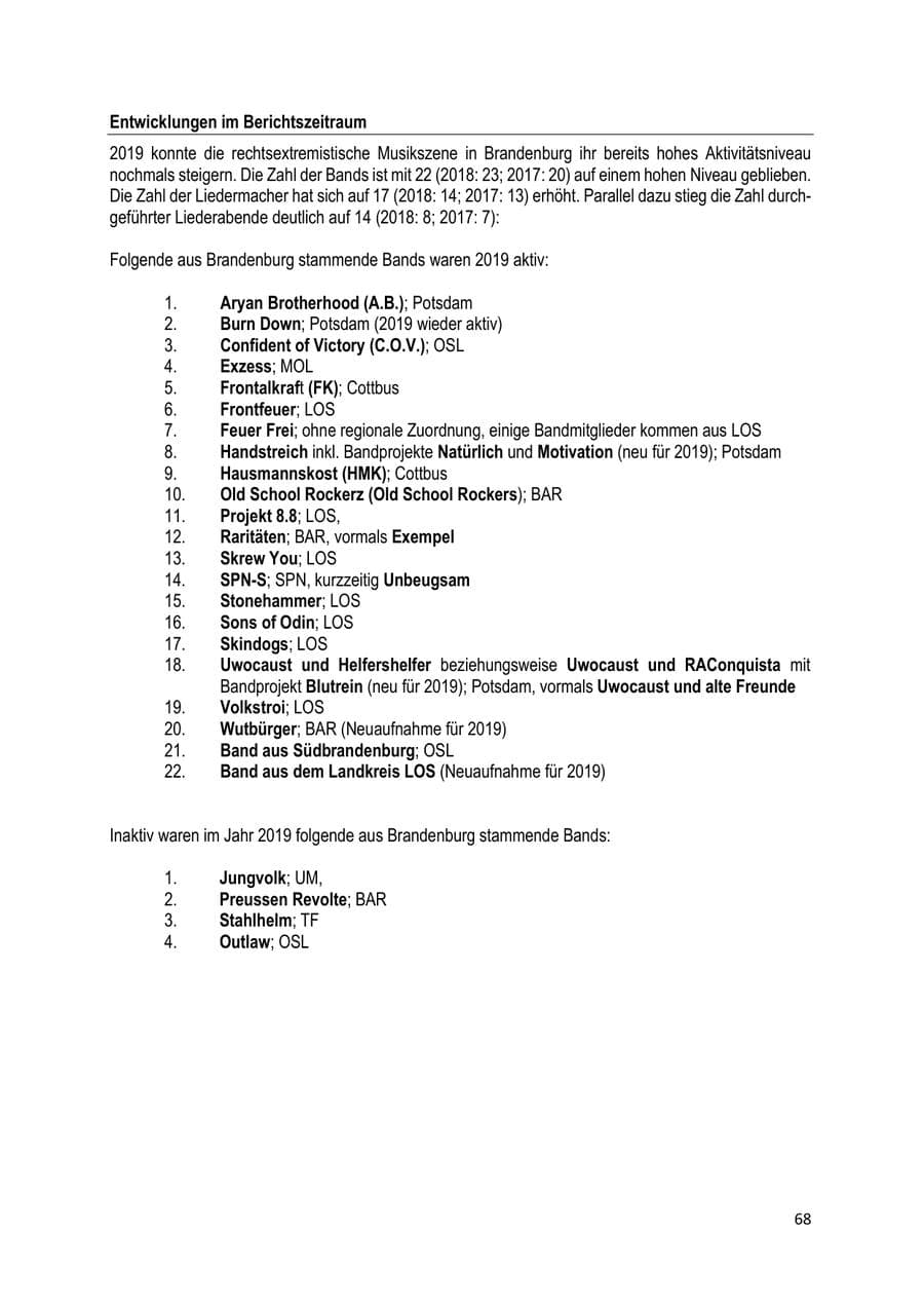 Seite 68 des Verfassungsschutzbericht 2019 Brandenburg