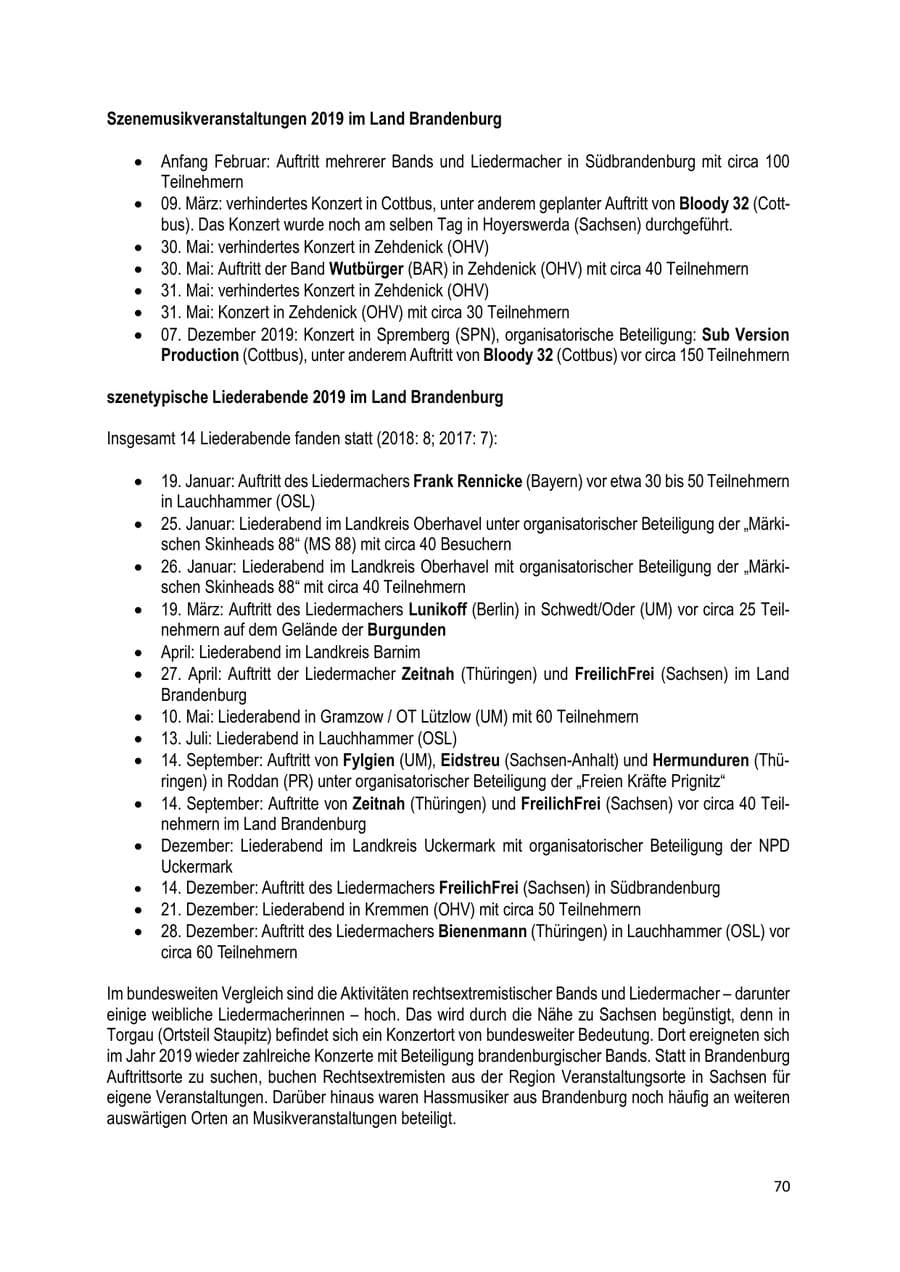 Seite 70 des Verfassungsschutzbericht 2019 Brandenburg