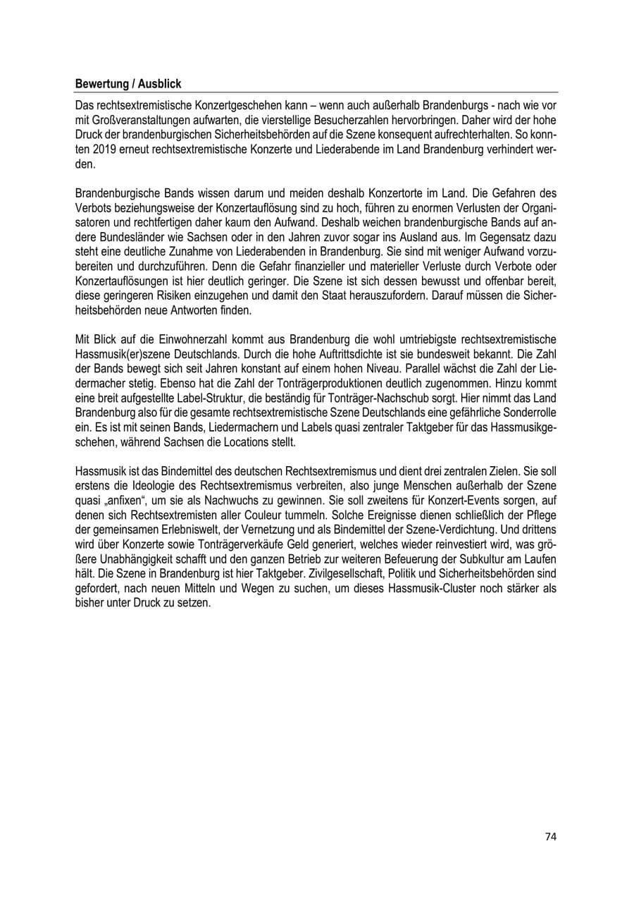 Seite 74 des Verfassungsschutzbericht 2019 Brandenburg