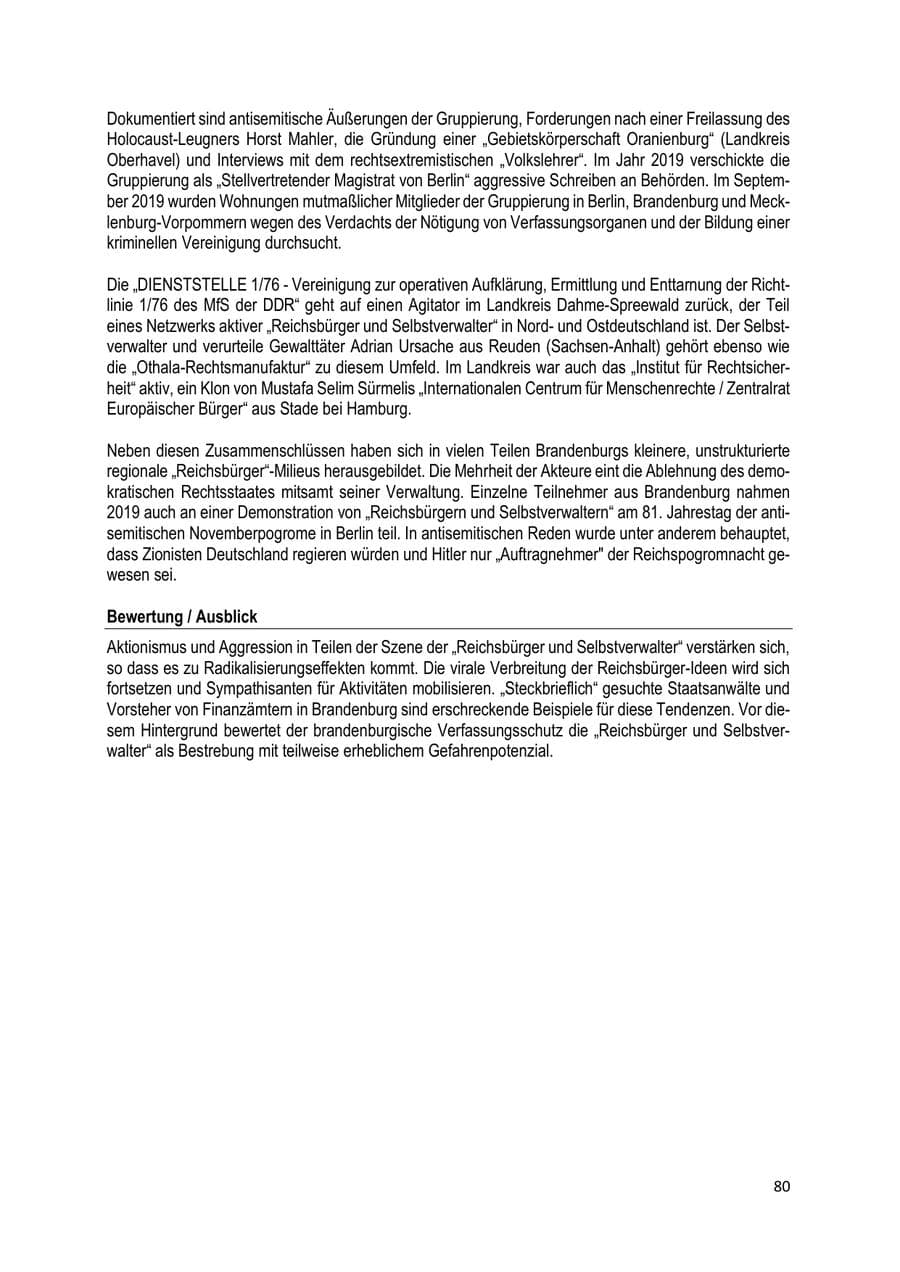 Seite 80 des Verfassungsschutzbericht 2019 Brandenburg