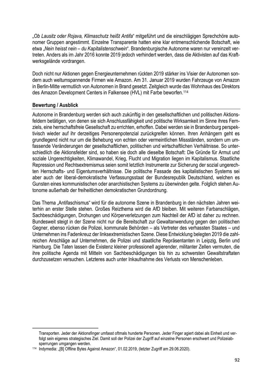 Seite 92 des Verfassungsschutzbericht 2019 Brandenburg