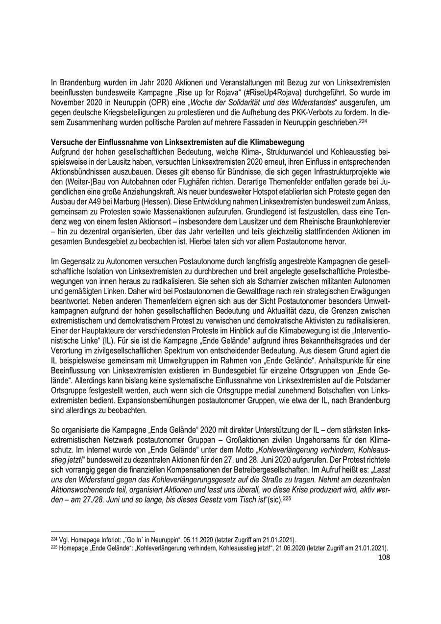 Seite 108 des Verfassungsschutzbericht 2020 Brandenburg