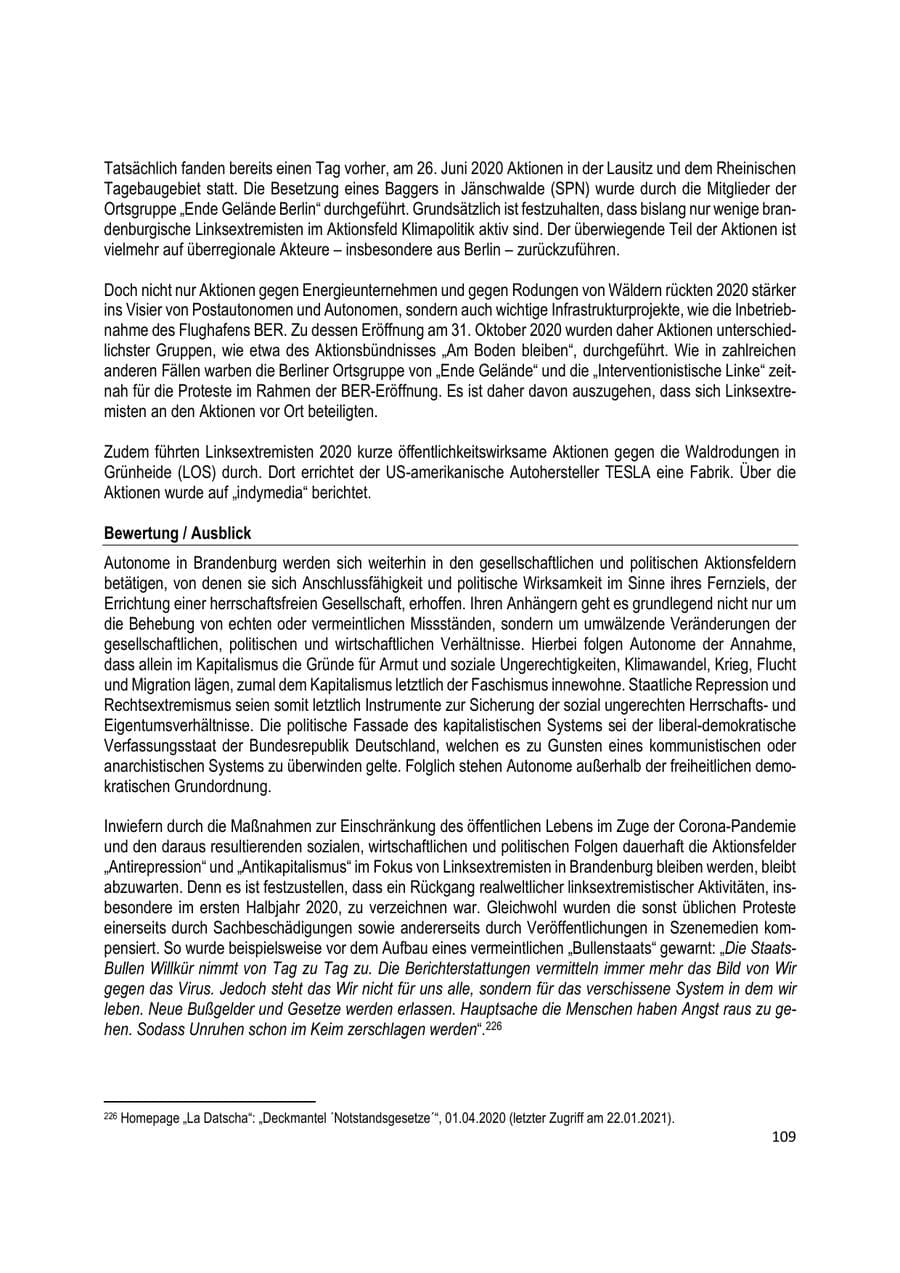 Seite 109 des Verfassungsschutzbericht 2020 Brandenburg