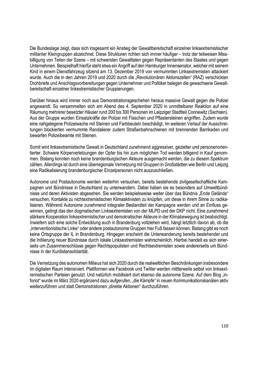 Seite 110 des Verfassungsschutzbericht 2020 Brandenburg