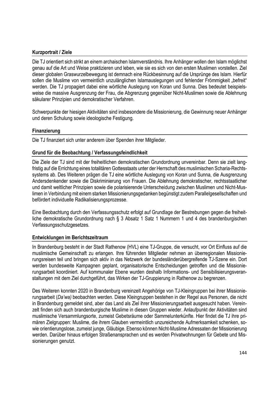 Seite 144 des Verfassungsschutzbericht 2020 Brandenburg
