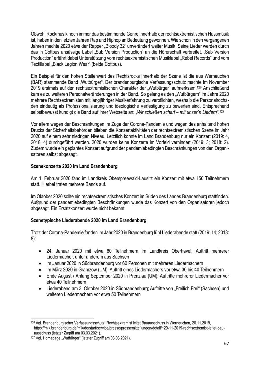 Seite 67 des Verfassungsschutzbericht 2020 Brandenburg