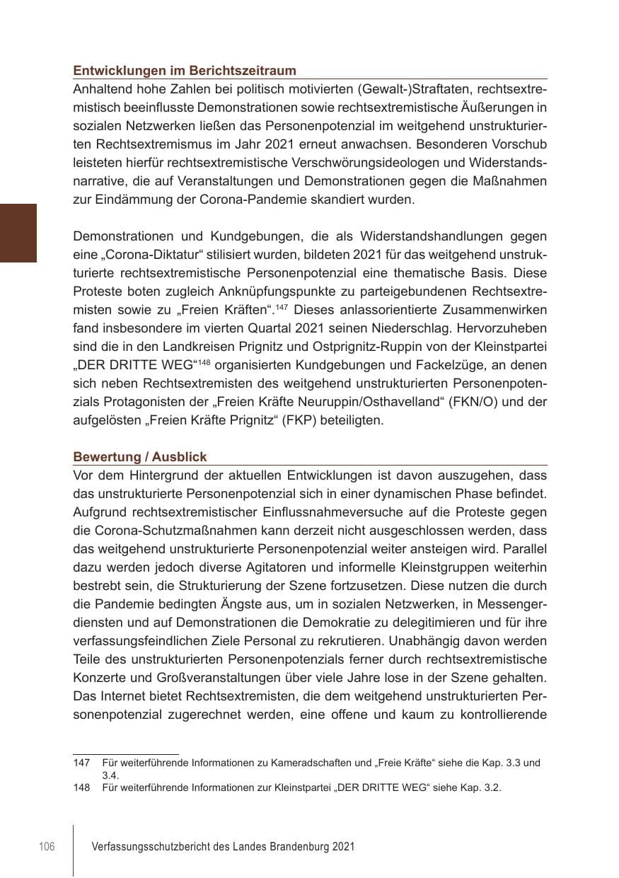 Seite 106 des Verfassungsschutzbericht 2021 Brandenburg