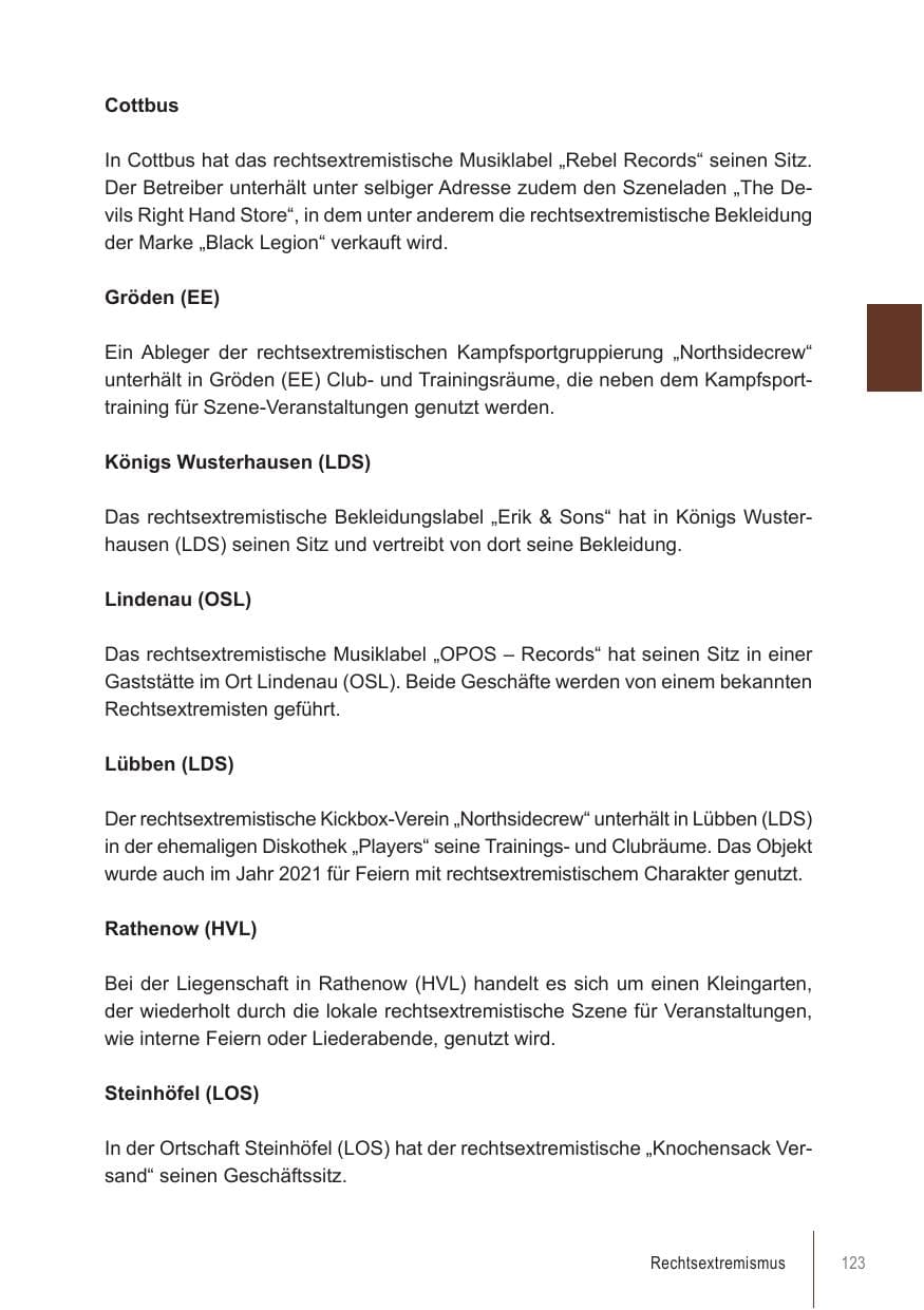 Seite 123 des Verfassungsschutzbericht 2021 Brandenburg