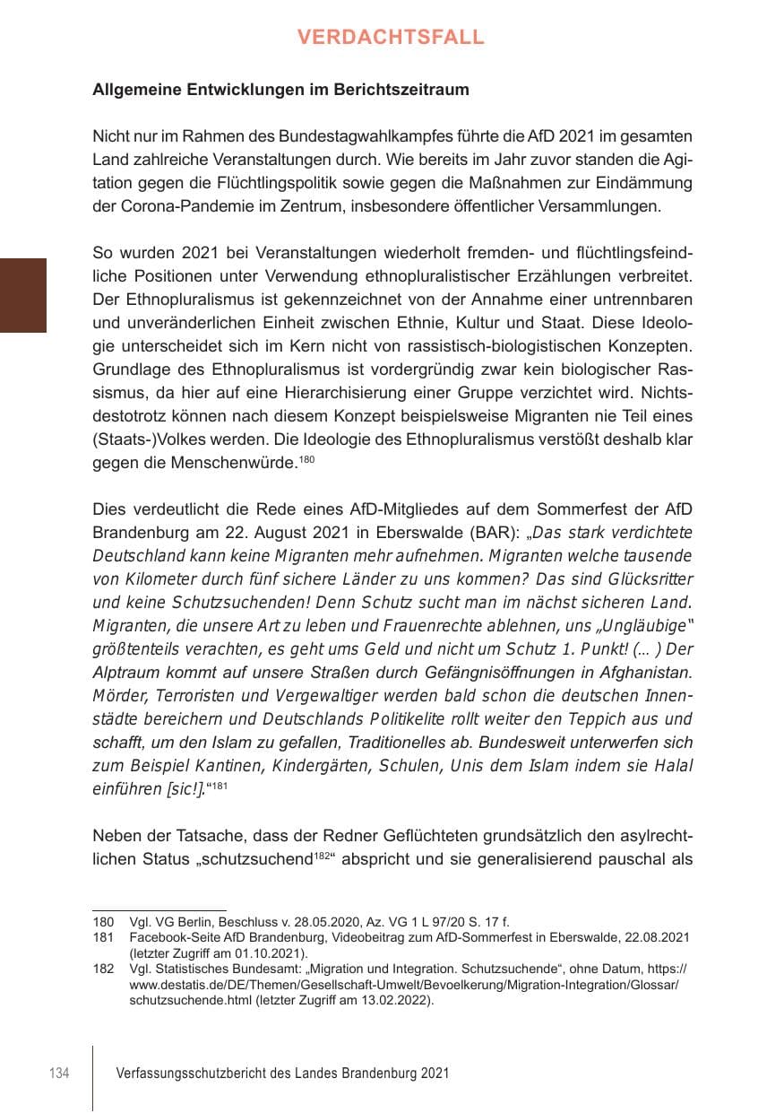 Seite 134 des Verfassungsschutzbericht 2021 Brandenburg