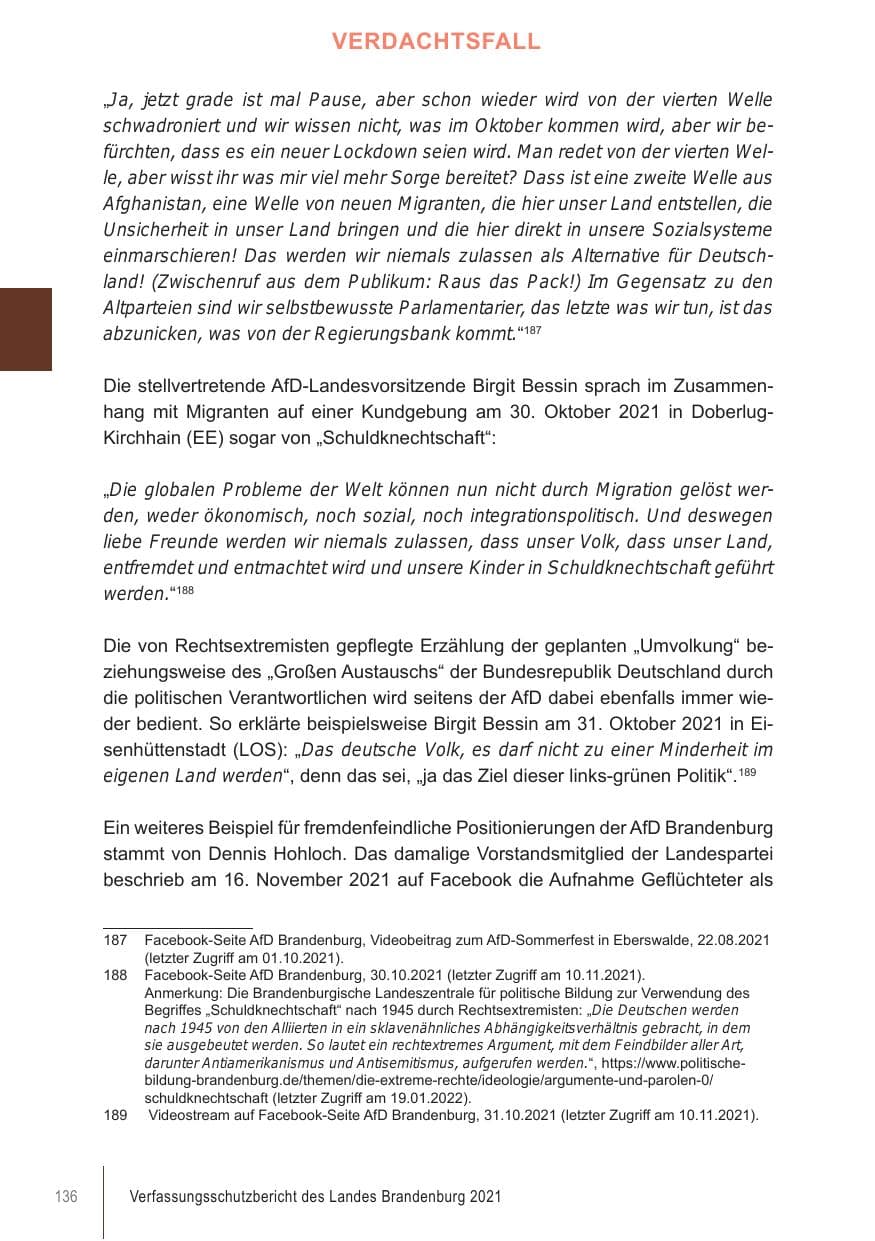Seite 136 des Verfassungsschutzbericht 2021 Brandenburg