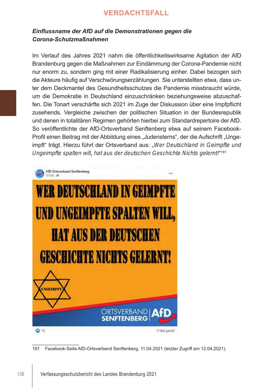 Seite 138 des Verfassungsschutzbericht 2021 Brandenburg