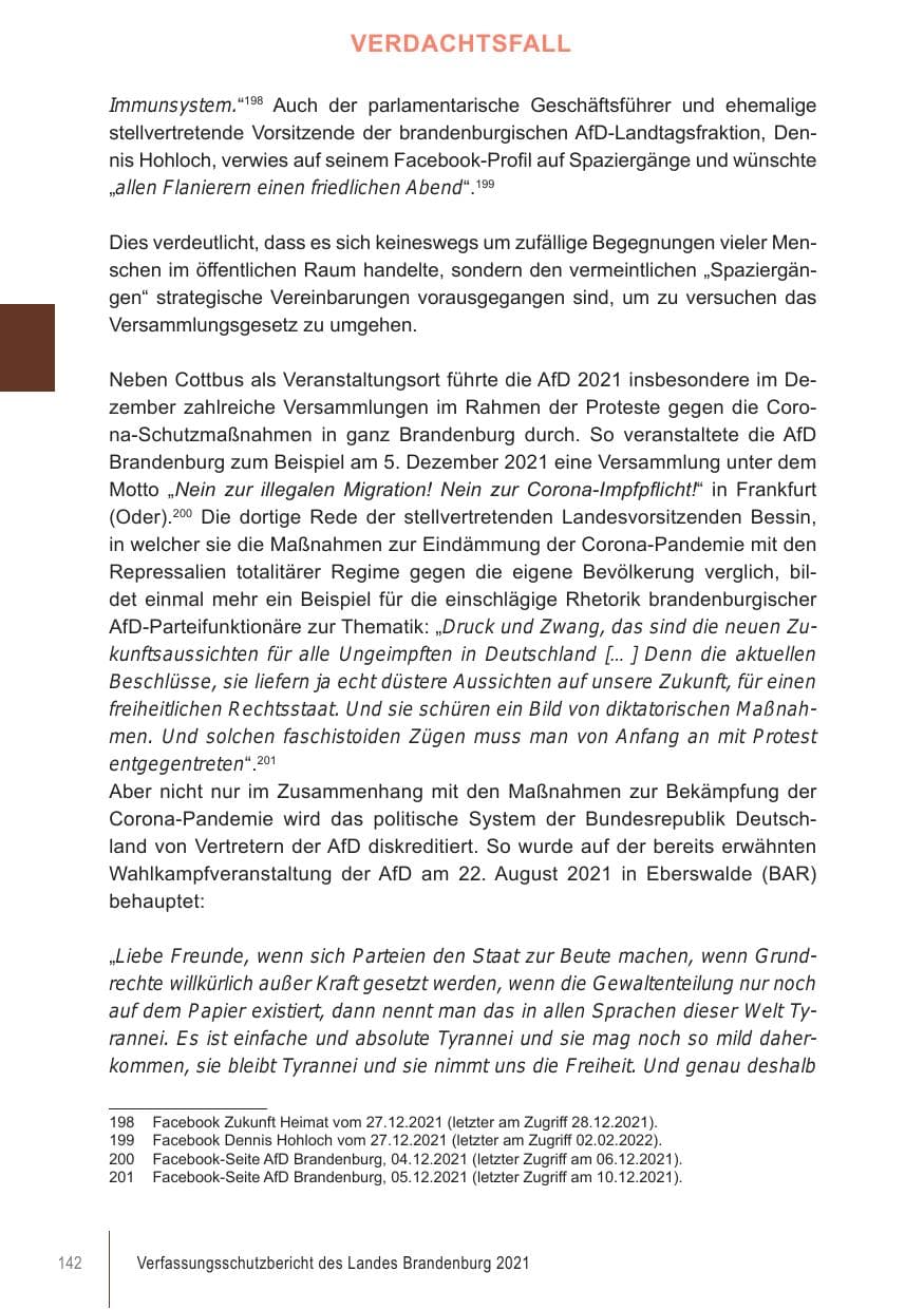 Seite 142 des Verfassungsschutzbericht 2021 Brandenburg