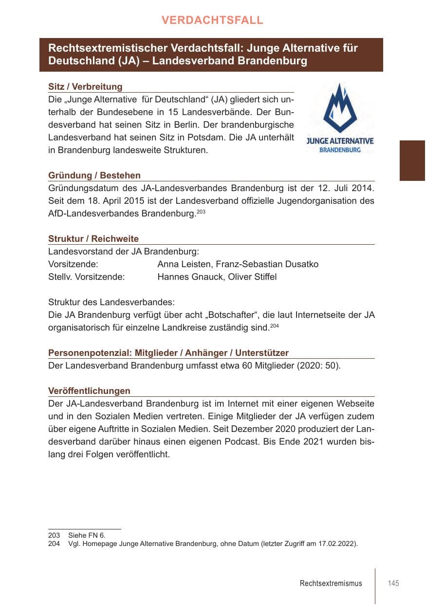 Seite 145 des Verfassungsschutzbericht 2021 Brandenburg