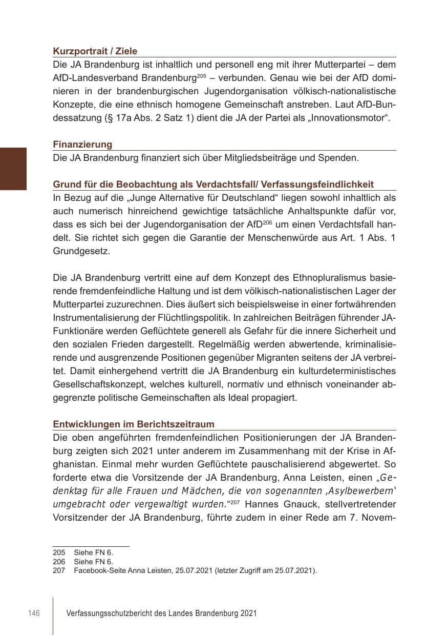 Seite 146 des Verfassungsschutzbericht 2021 Brandenburg