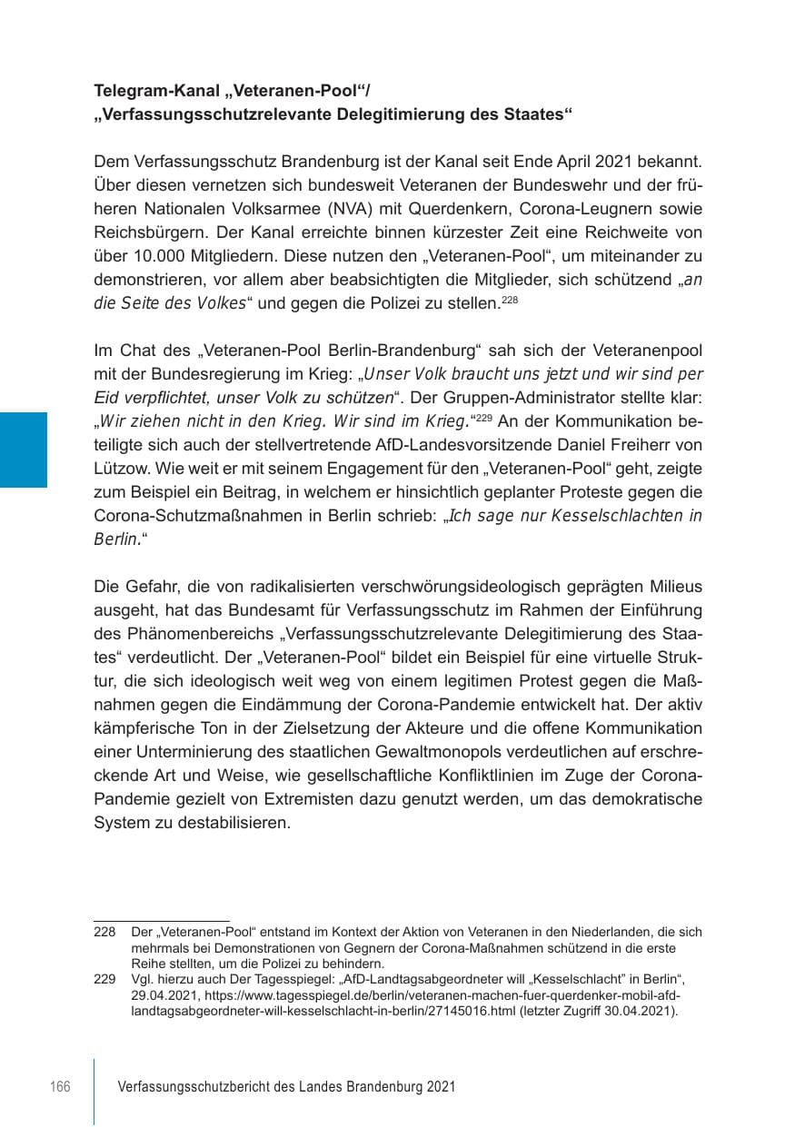Seite 166 des Verfassungsschutzbericht 2021 Brandenburg