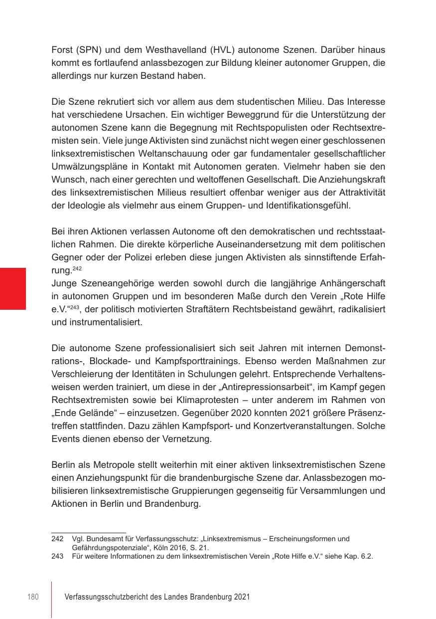 Seite 180 des Verfassungsschutzbericht 2021 Brandenburg