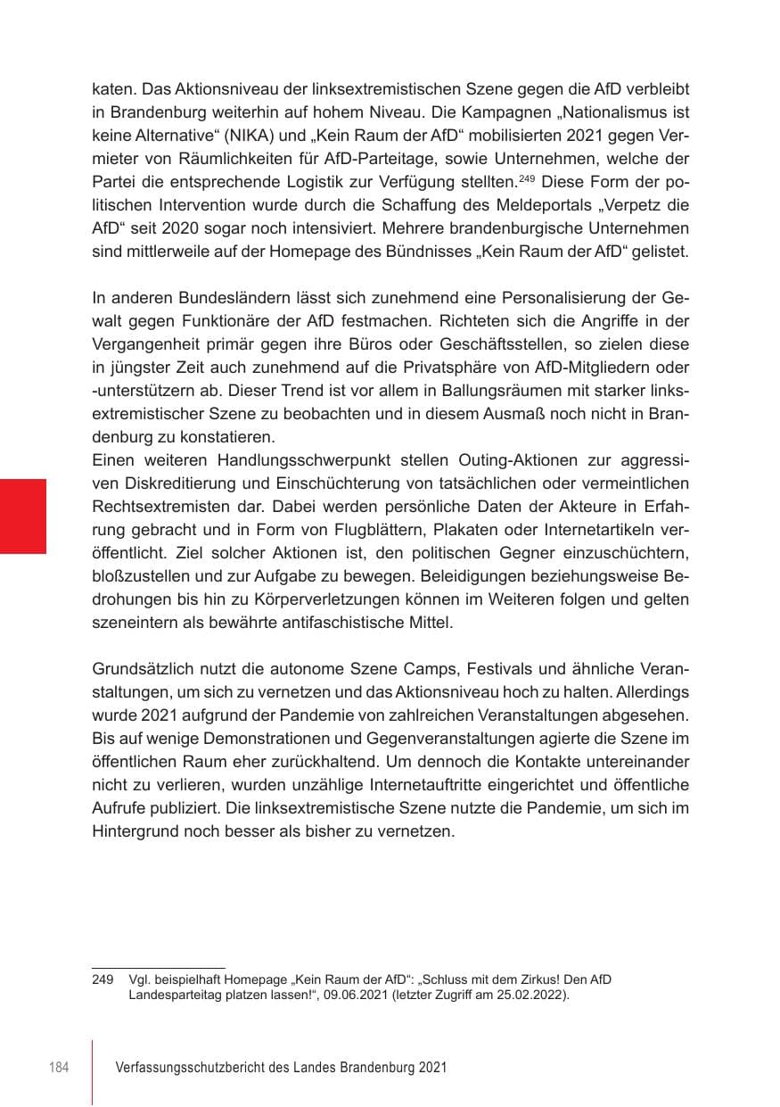 Seite 184 des Verfassungsschutzbericht 2021 Brandenburg