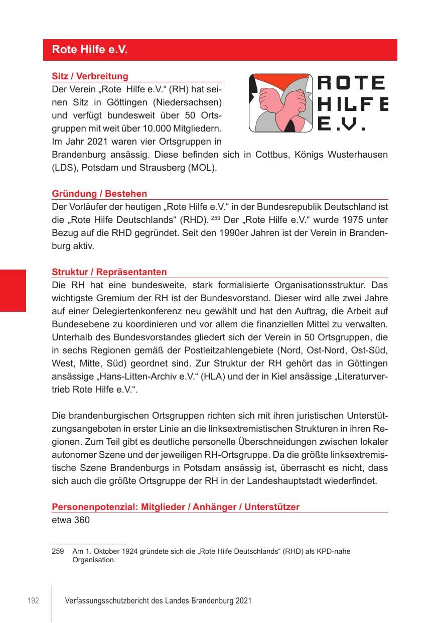 Seite 192 des Verfassungsschutzbericht 2021 Brandenburg